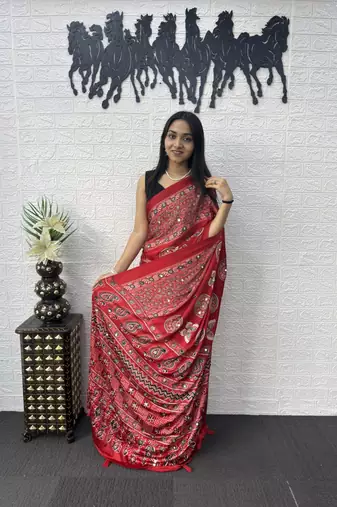 Red Mirror Work Satin Saree