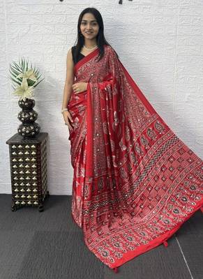 Red Mirror Work Satin Saree 3