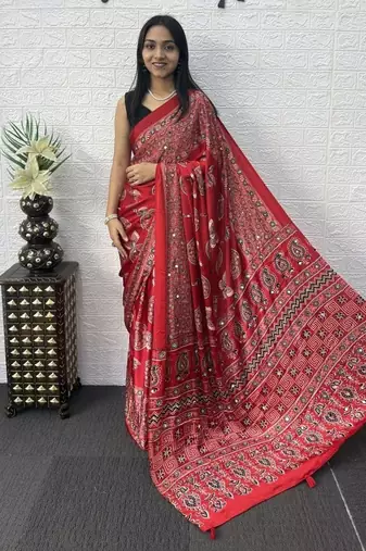 Red Mirror Work Satin Saree