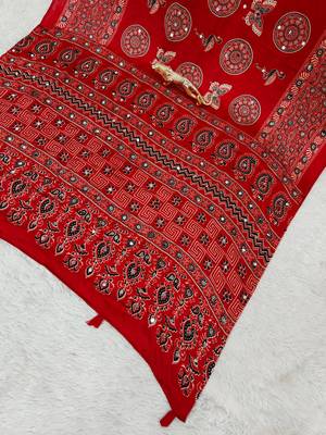 Red Mirror Work Satin Saree 4