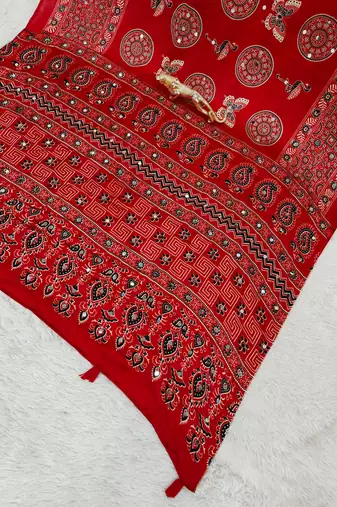 Red Mirror Work Satin Saree