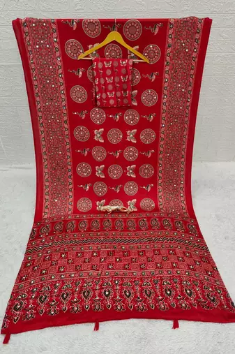 Red Mirror Work Satin Saree