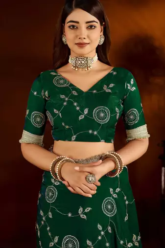 Green color satin silk saree with heavy embroidered work