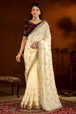 Maroon color satin silk saree with beige blouse heavy embroidered work 1
