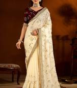 Maroon color satin silk saree with beige blouse heavy embroidered work