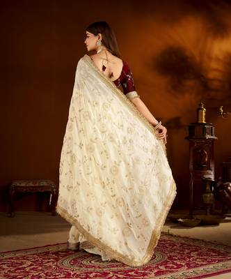Maroon color satin silk saree with beige blouse heavy embroidered work 2