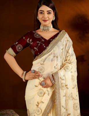 Maroon color satin silk saree with beige blouse heavy embroidered work 3