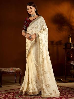 Maroon color satin silk saree with beige blouse heavy embroidered work 4