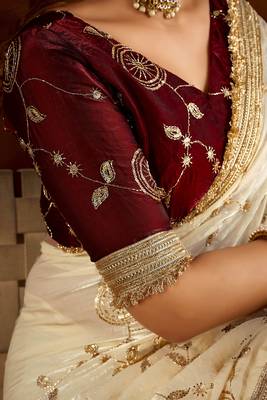 Maroon color satin silk saree with beige blouse heavy embroidered work 5