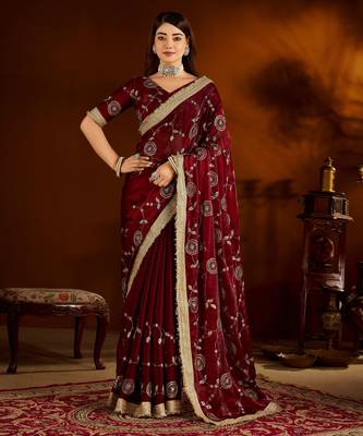 Maroon satin silk saree with heavy embroidered work 1