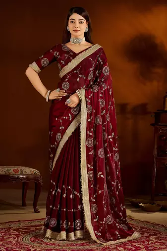 Maroon satin silk saree with heavy embroidered work