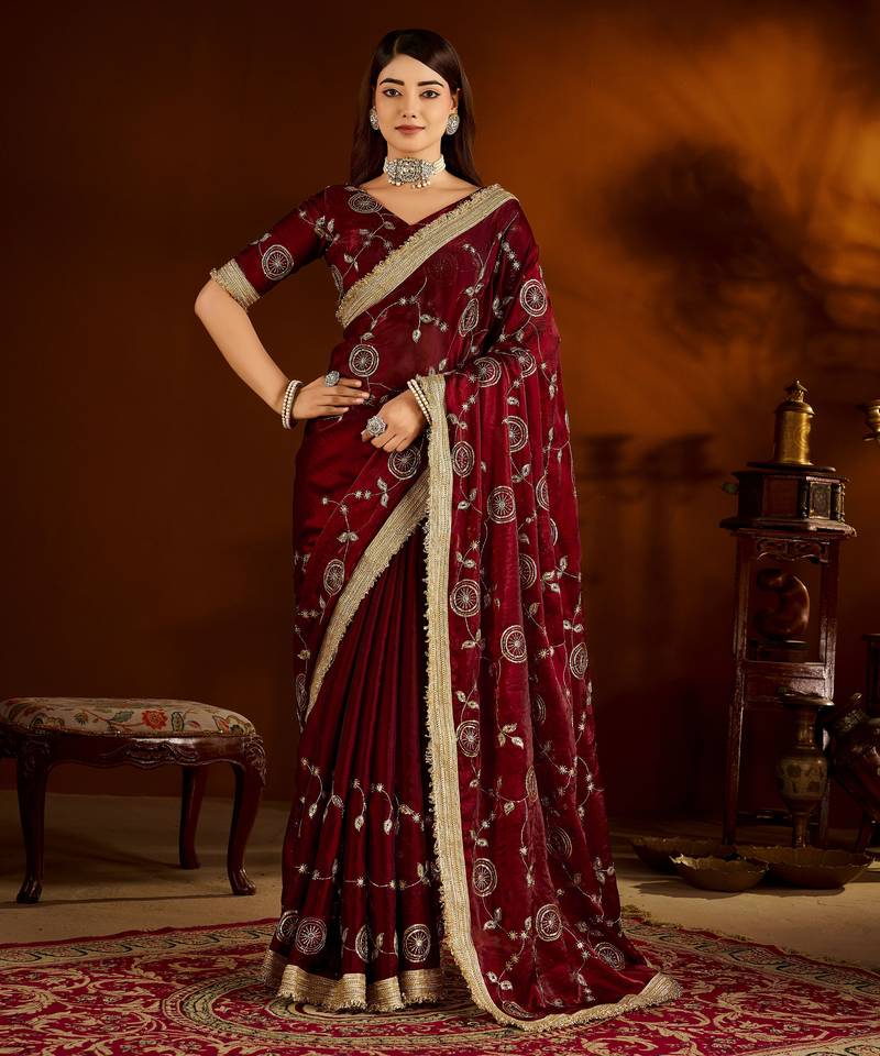Maroon satin silk saree with heavy embroidered work