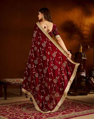 Maroon satin silk saree with heavy embroidered work 2