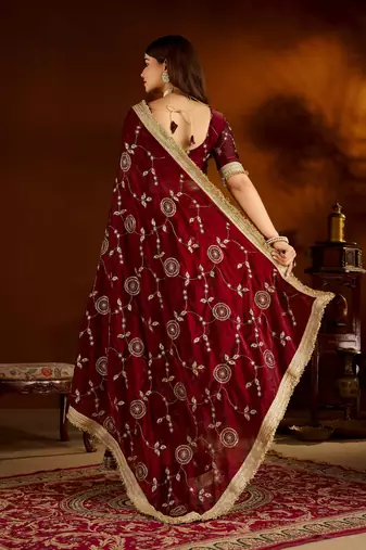 Maroon satin silk saree with heavy embroidered work