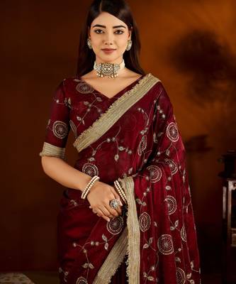 Maroon satin silk saree with heavy embroidered work 3