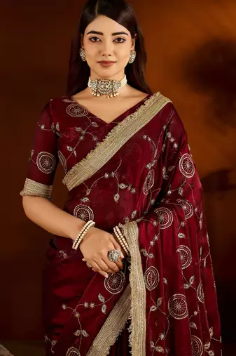 Maroon satin silk saree with heavy embroidered work