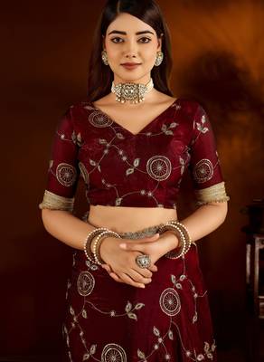 Maroon satin silk saree with heavy embroidered work 4