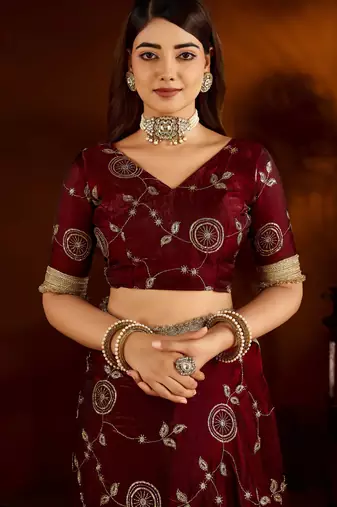 Maroon satin silk saree with heavy embroidered work