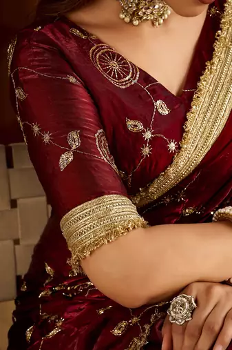 Maroon satin silk saree with heavy embroidered work