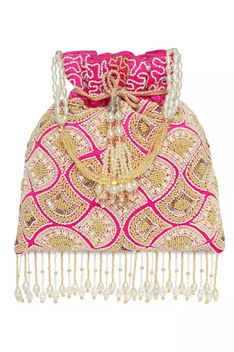 Rani pink ethnic embroidered potli bag for women fancy evening bridal wristlet purse bag for girls