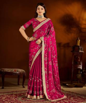 Pink satin silk saree with heavy embroidered work 1