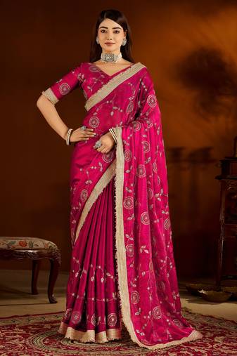 Pink satin silk saree with heavy embroidered work