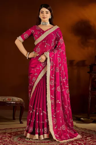 Pink satin silk saree with heavy embroidered work