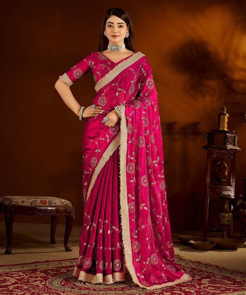 Pink satin silk saree with heavy embroidered work