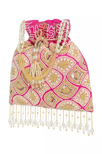 Rani pink ethnic embroidered potli bag for women fancy evening bridal wristlet purse bag for girls