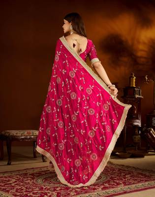 Pink satin silk saree with heavy embroidered work 2