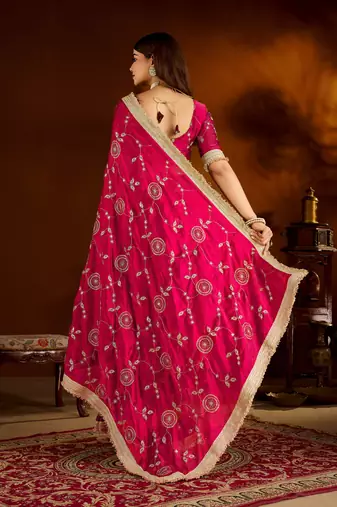 Pink satin silk saree with heavy embroidered work