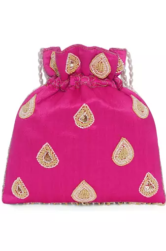 Rani pink ethnic embroidered potli bag for women fancy evening bridal wristlet purse bag for girls