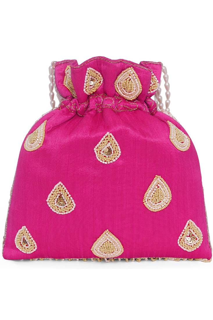 Rani pink ethnic embroidered potli bag for women fancy evening bridal wristlet purse bag for girls