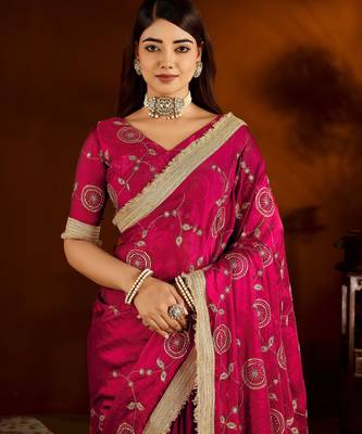 Pink satin silk saree with heavy embroidered work 3