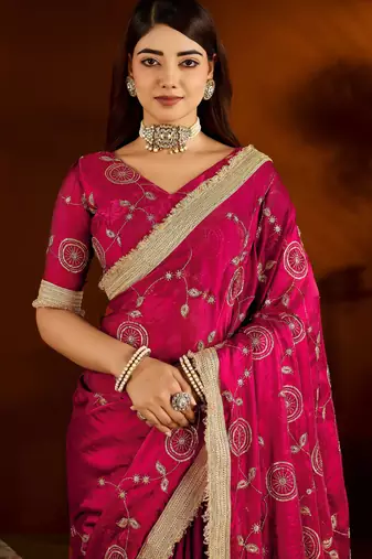 Pink satin silk saree with heavy embroidered work