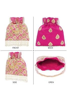 Rani pink ethnic embroidered potli bag for women fancy evening bridal wristlet purse bag for girls 4