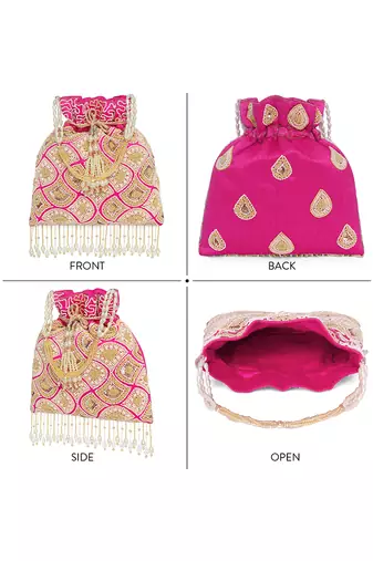 Rani pink ethnic embroidered potli bag for women fancy evening bridal wristlet purse bag for girls