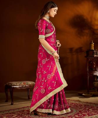 Pink satin silk saree with heavy embroidered work 4