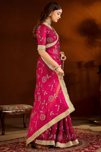 Pink satin silk saree with heavy embroidered work
