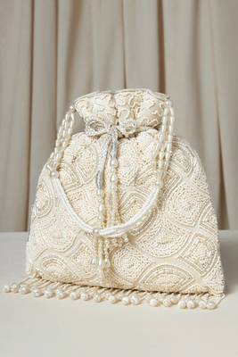 White potli embellished purse for women handmade wristlet handbag fashion bridal bag 1