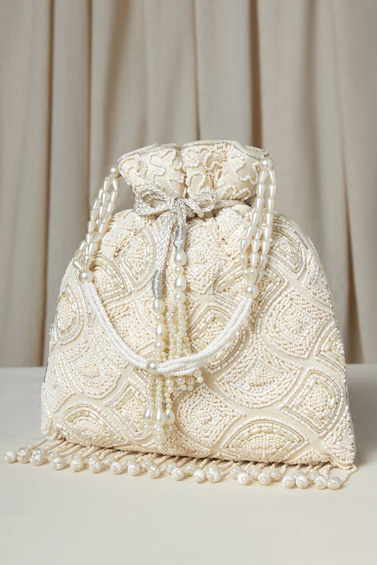 White potli embellished purse for women handmade wristlet handbag fashion bridal bag