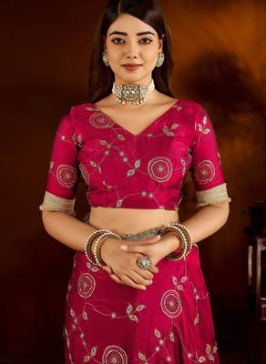 Pink satin silk saree with heavy embroidered work 5