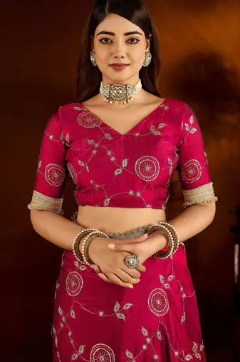 Pink satin silk saree with heavy embroidered work