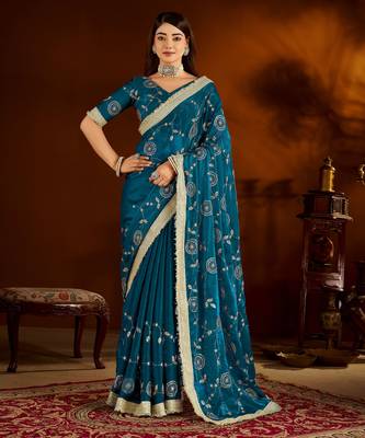 Rama green satin silk saree with heavy embroidered work 1