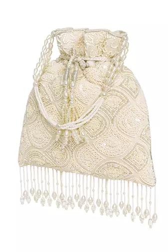 White potli embellished purse for women handmade wristlet handbag fashion bridal bag