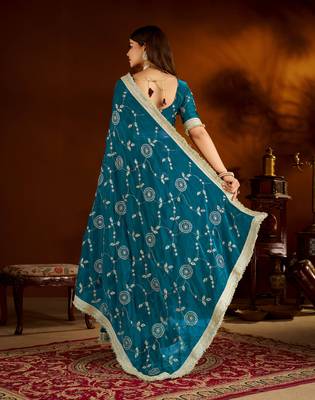 Rama green satin silk saree with heavy embroidered work 2