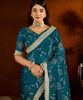 Rama green satin silk saree with heavy embroidered work 3