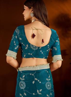 Rama green satin silk saree with heavy embroidered work 5