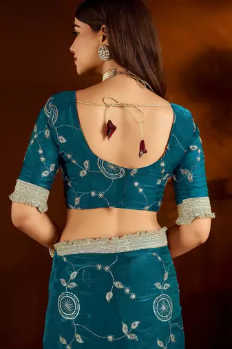 Rama green satin silk saree with heavy embroidered work