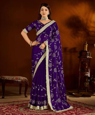 Violet satin silk saree with heavy embroidered work 1
